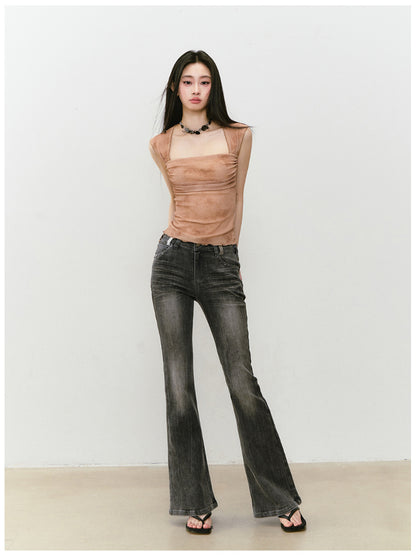 Color-Block Washed Flared Jeans