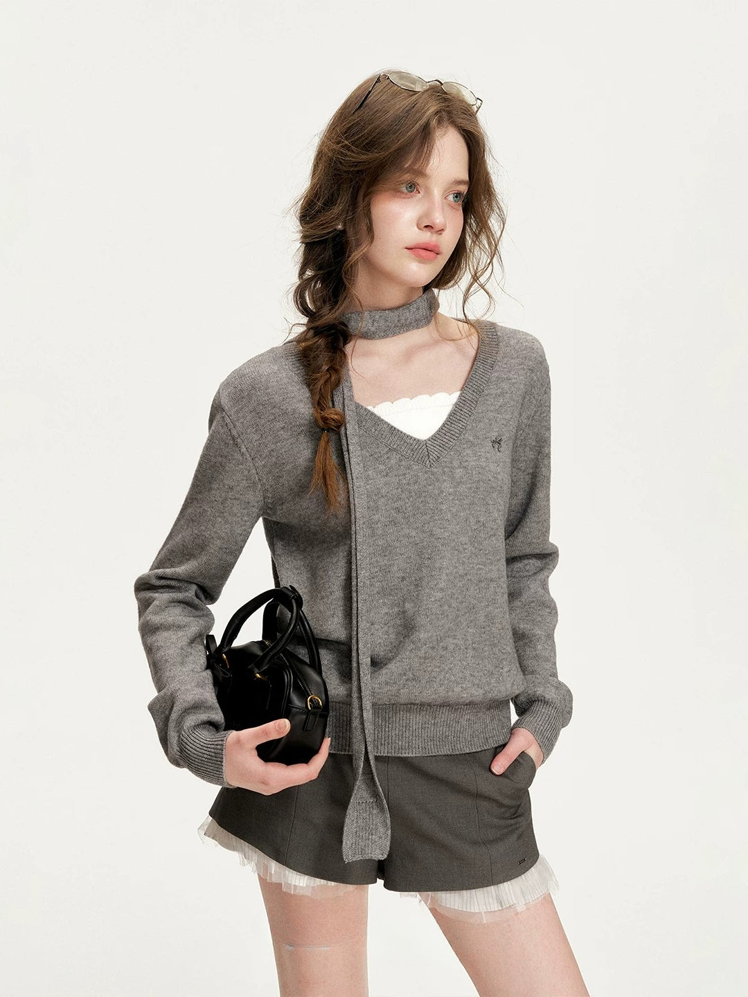 Gray Contrast Sweater &amp; Scarf Set