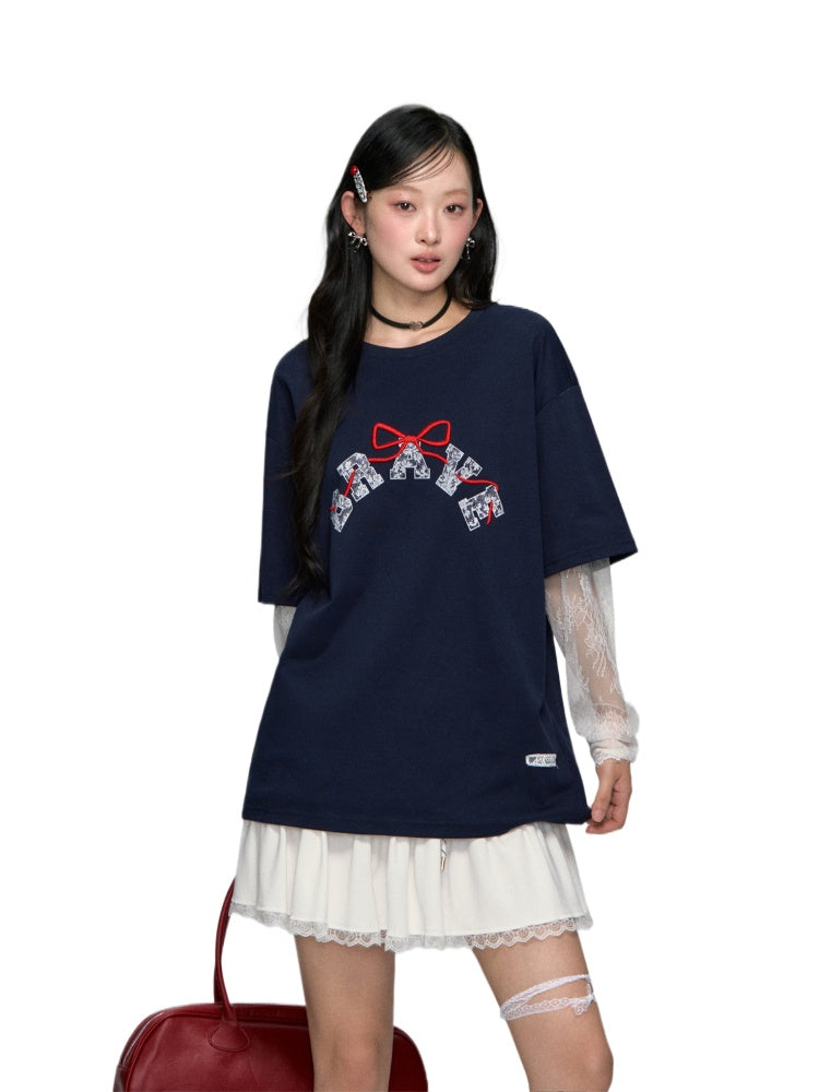 Lace-spliced Alphabet Bow T-shirt