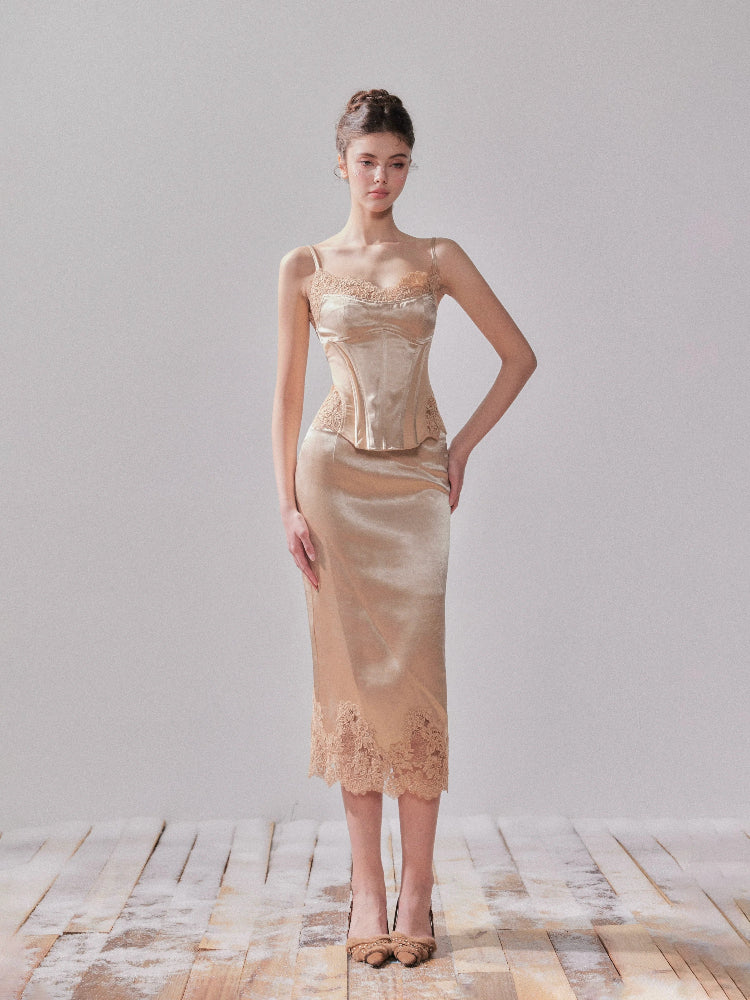 Lace Satin Boned Embroidered Cami &amp; Skirt Set