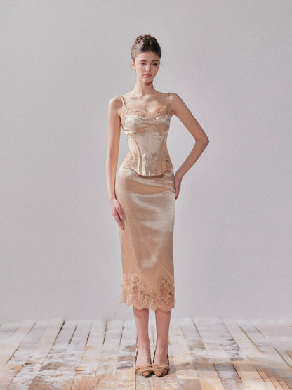 Lace Satin Boned Embroidered Cami &amp; Skirt Set