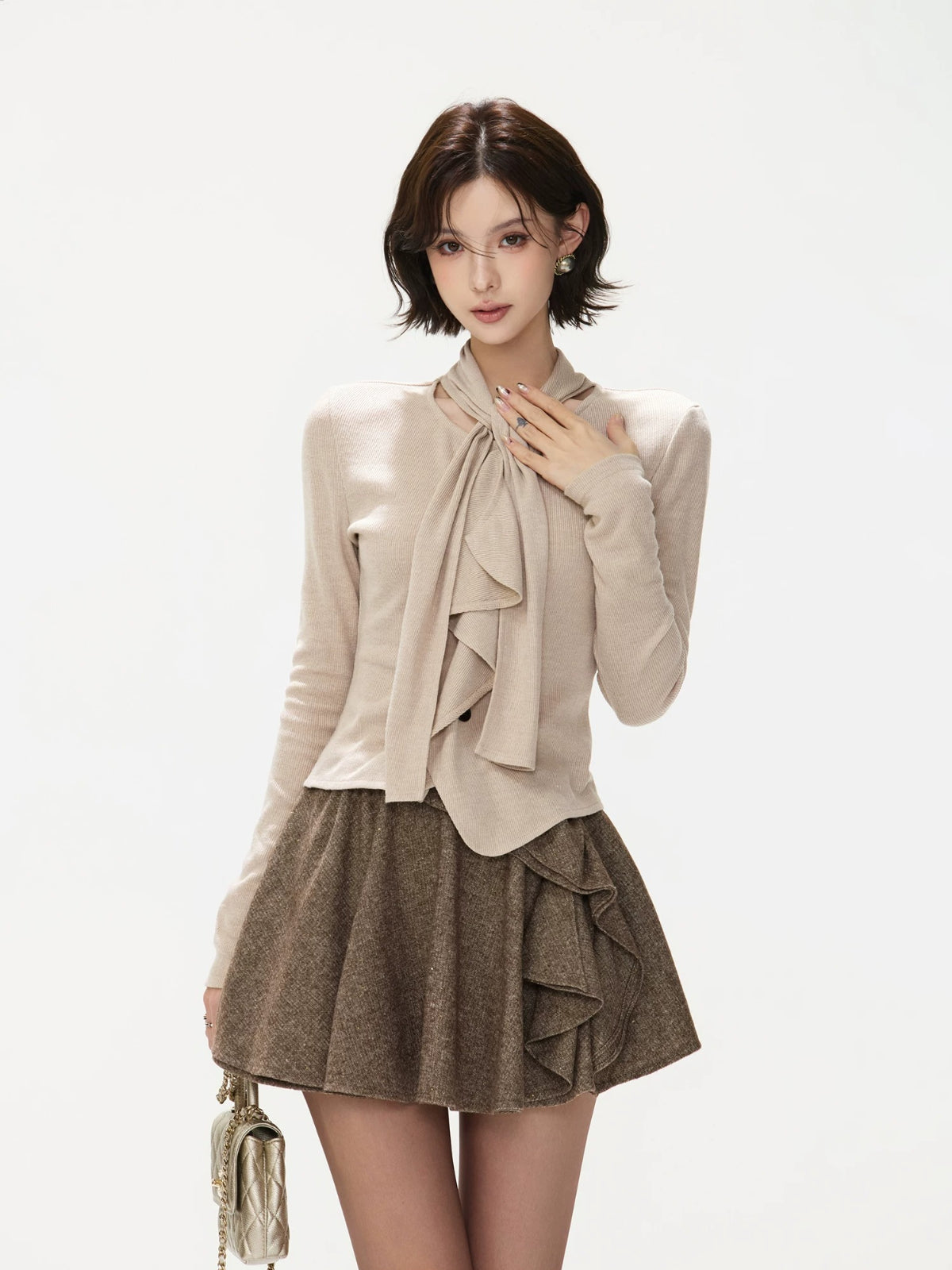 Textured Wool Blend Ruffle Mini Skirt