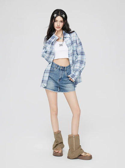 Blue Plaid Embroidered Sunscreen Shirt