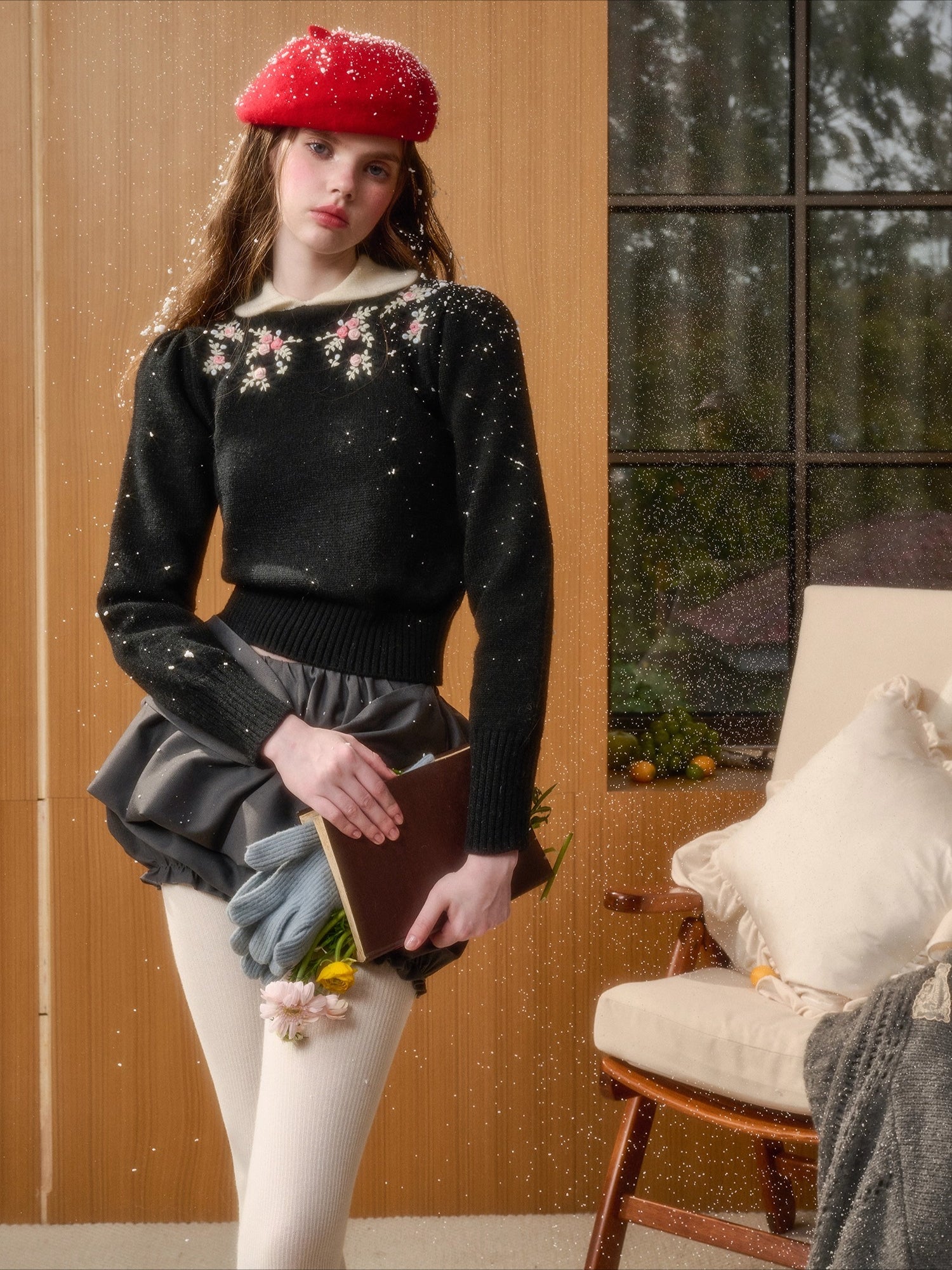 Hand-Embroidered Peter-Pan Collar Knit Top