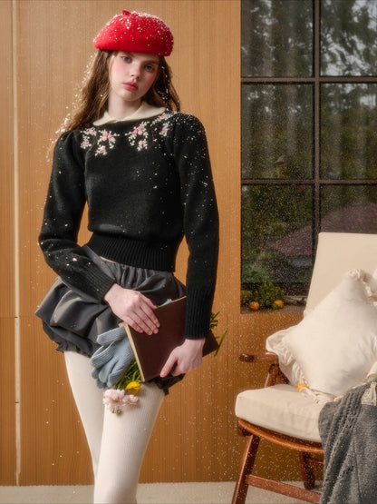 Hand-Embroidered Peter-Pan Collar Knit Top