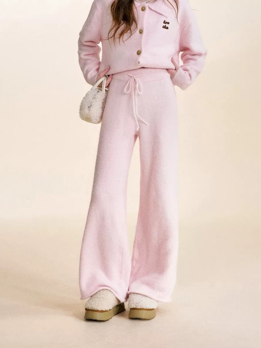 Pink Knit Turn-Down Collar Cardigan Set