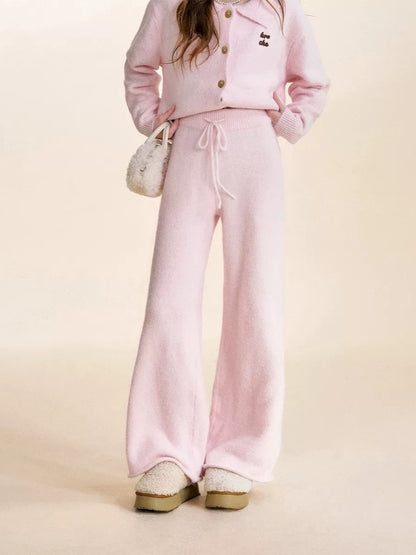 Pink Knit Turn-Down Collar Cardigan Set