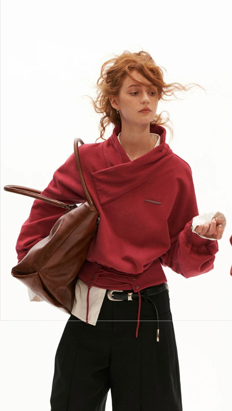 Cross Collar Lace-Up Washed Sweatshirt