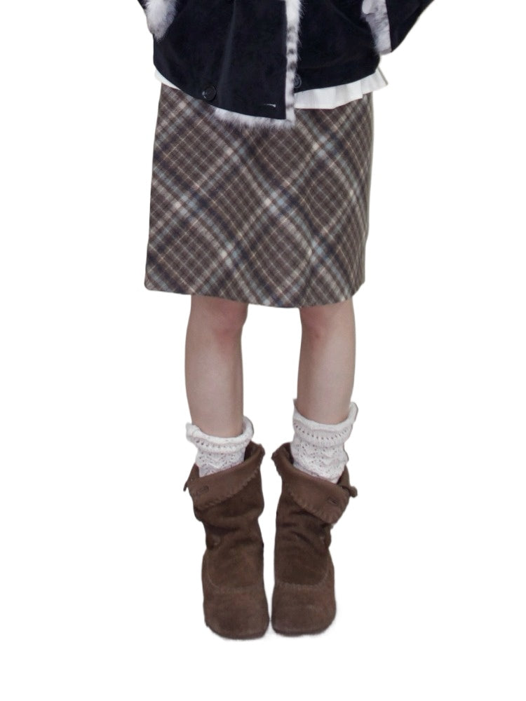 Plaid Wool-Blend Midi Skirt