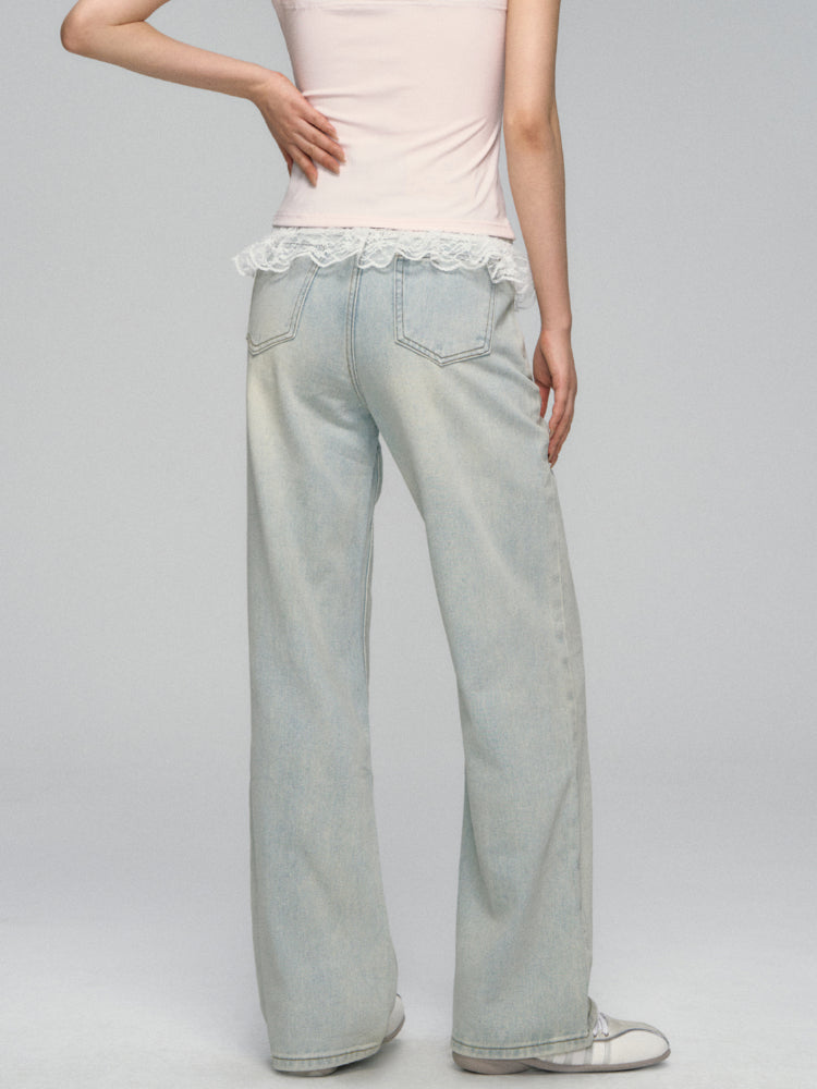 Lace-Trimmed Washed Straight-Leg Jeans Set