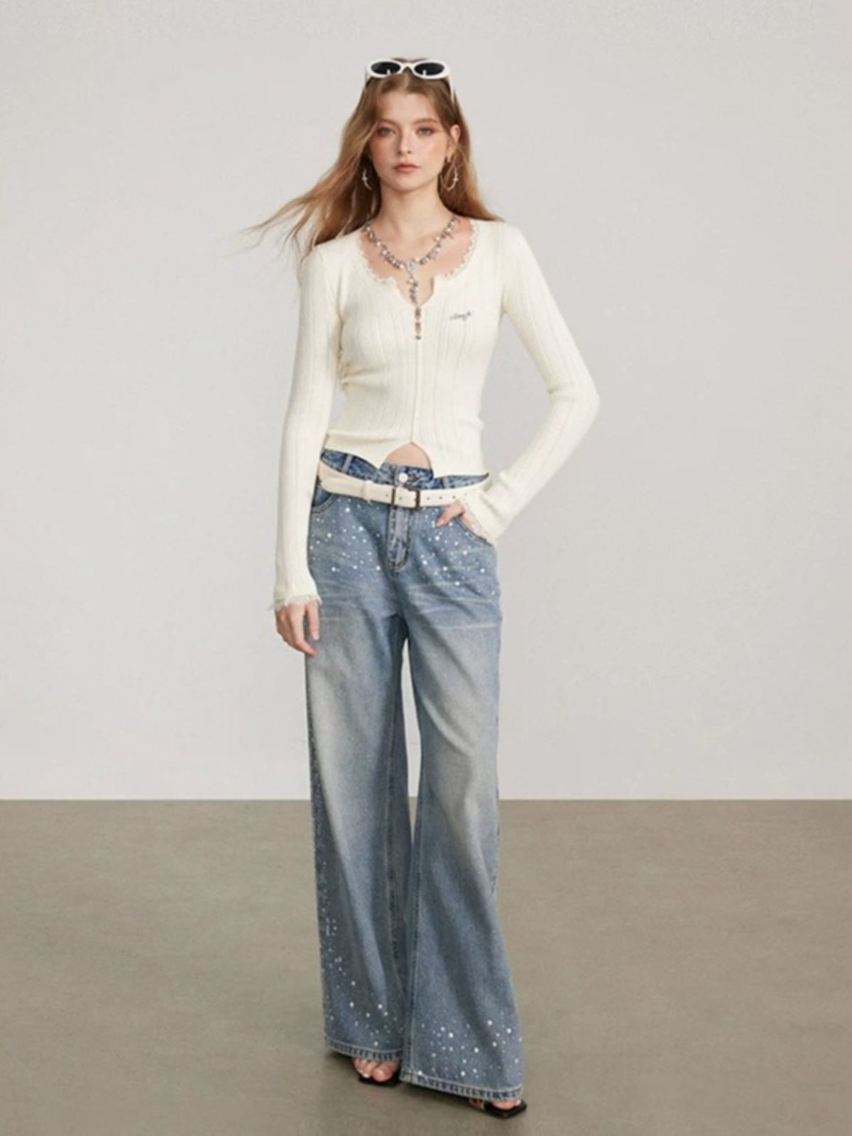 Lace Panel Ribbed Knit Sweater Top