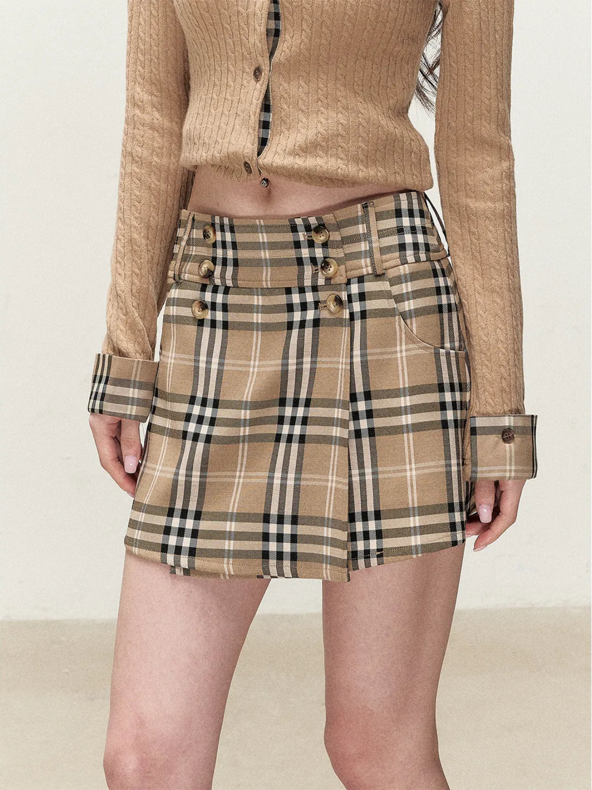 Plaid Trim Cardigan &amp; Mini Skort Set