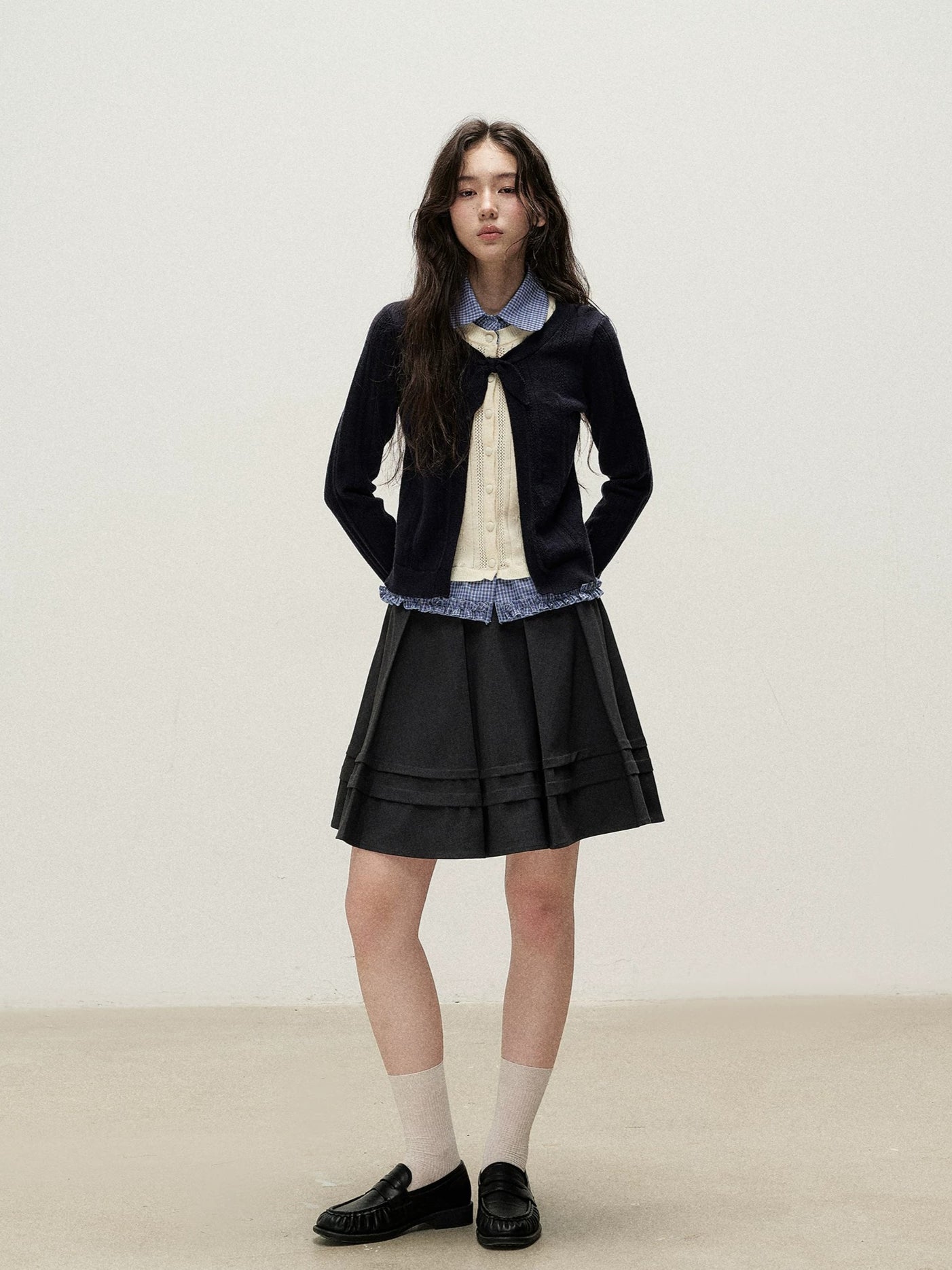 Plaid Collar Layered Knit Top