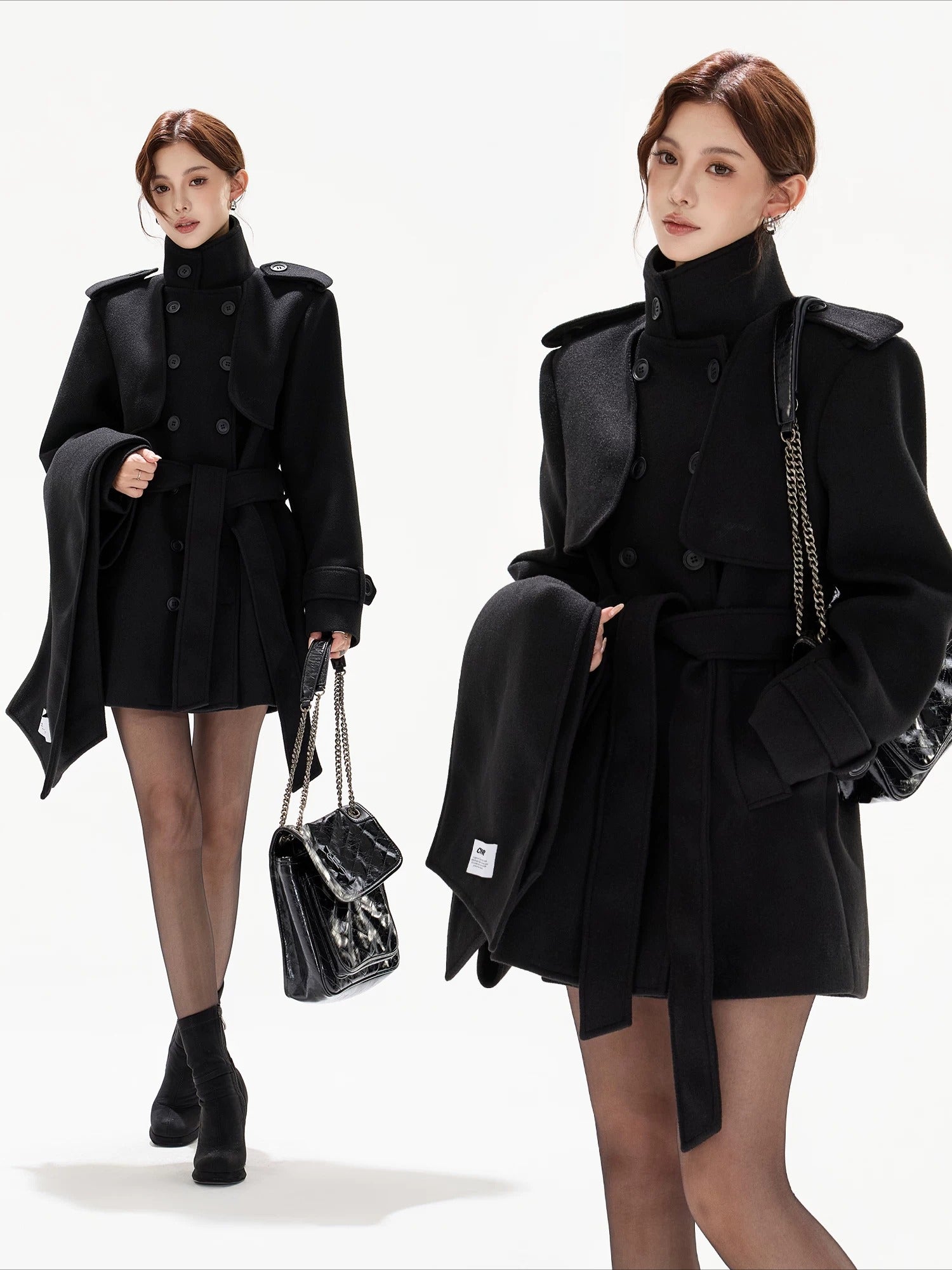 Black Belted Double-Breasted Coat