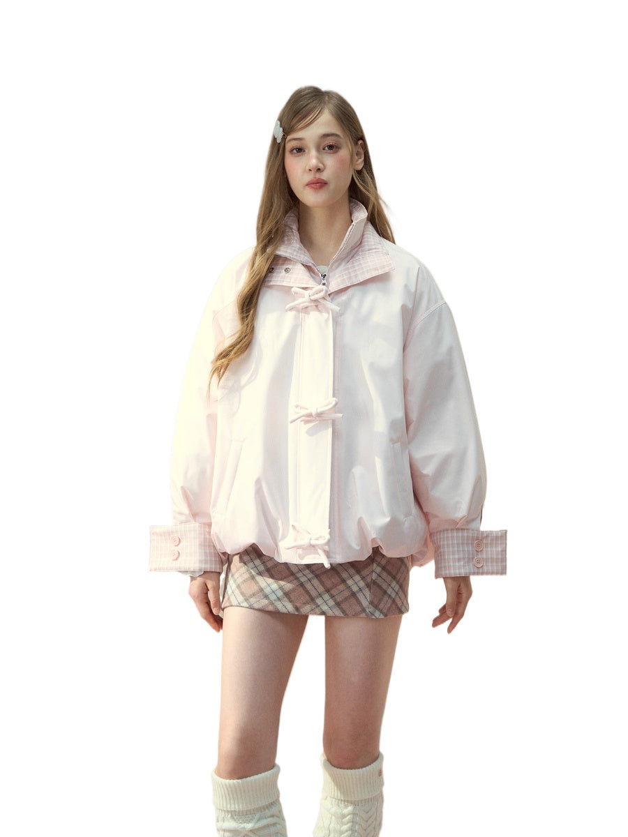 Pink Bow Plaid Down Puffer Jacket