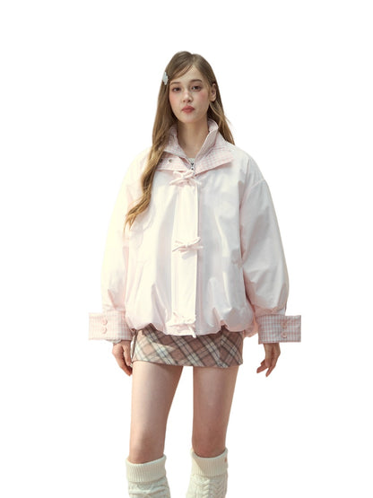 Pink Bow Plaid Down Puffer Jacket