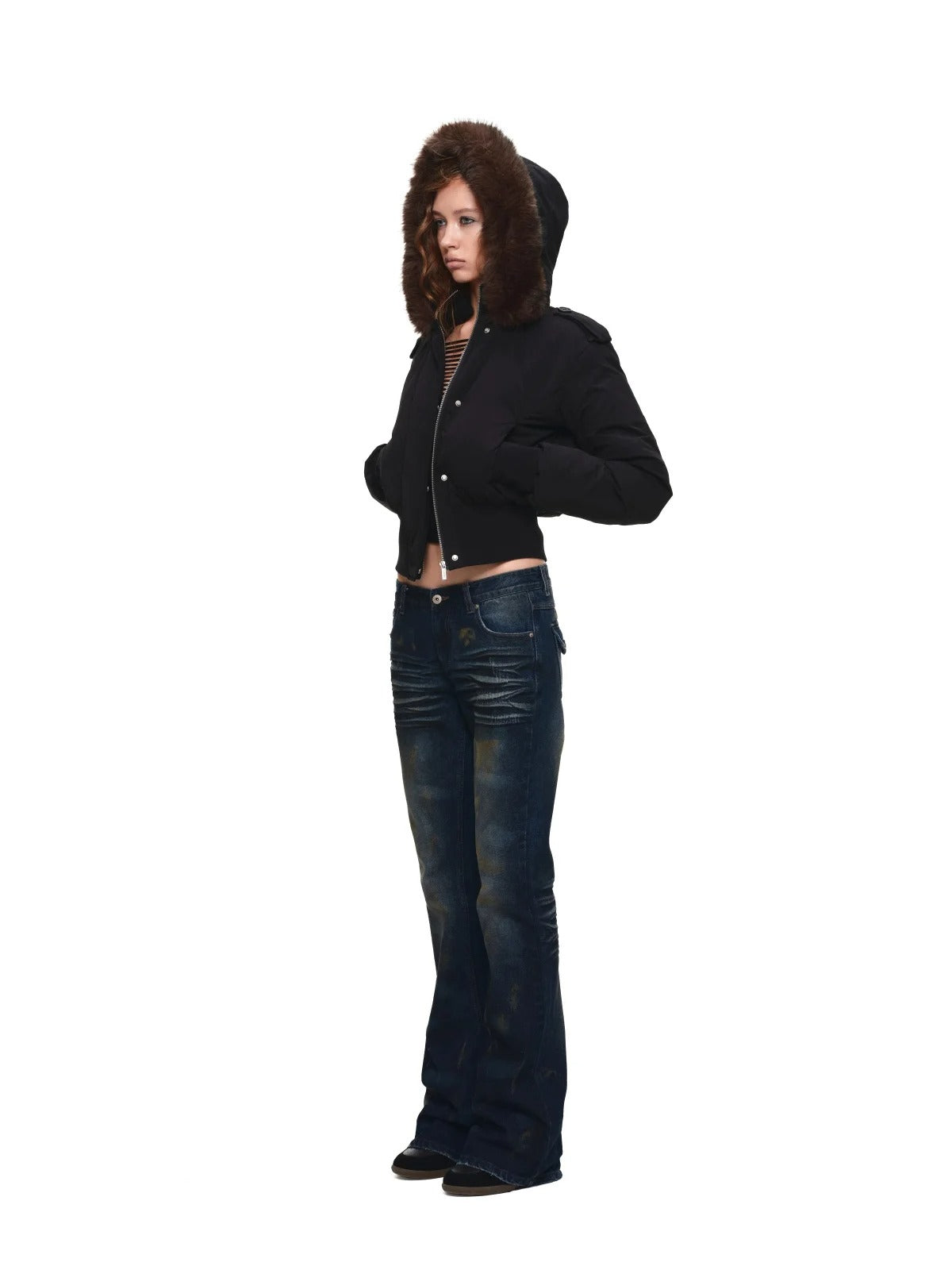 Detachable Faux Fur Ribbed-Waist Down Jacket