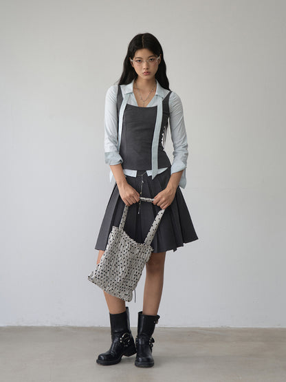 Contrast-colored Collared Waist-cinched Shirt