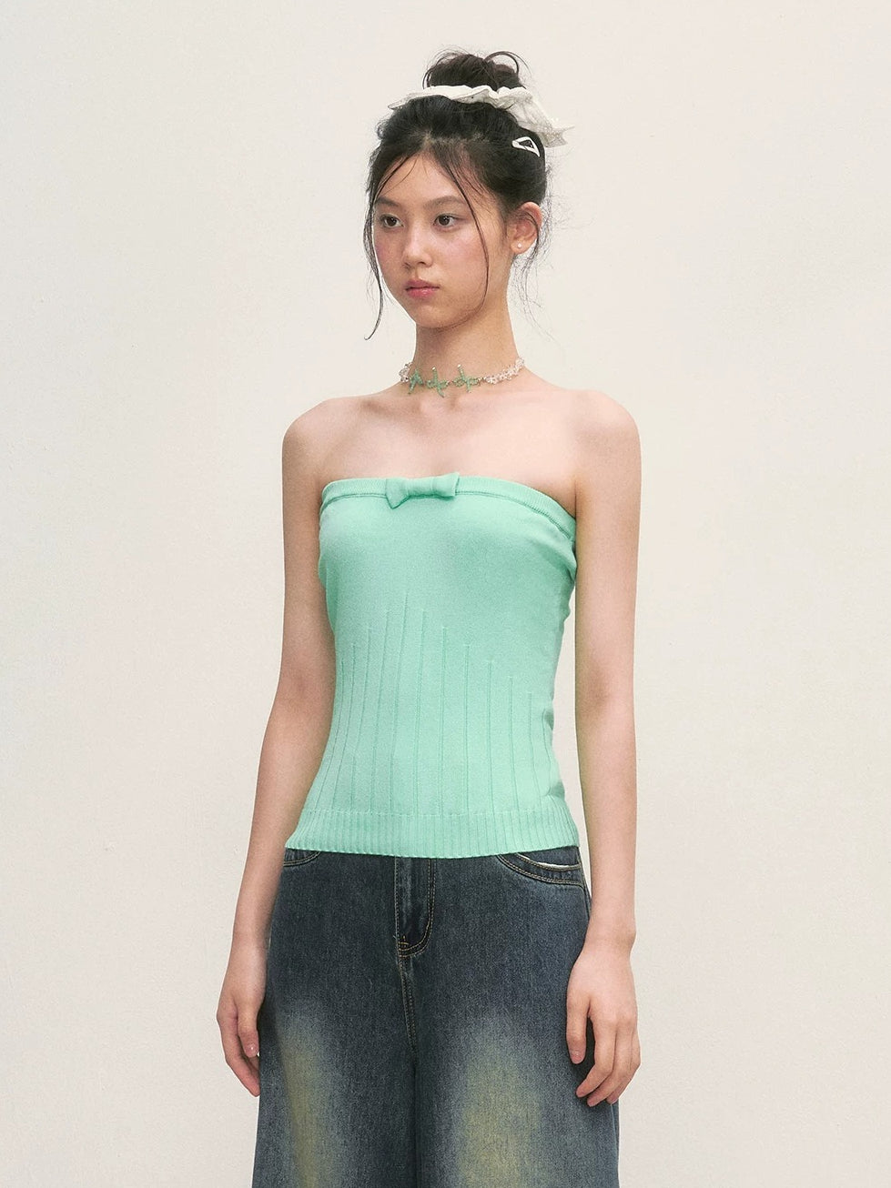 Green Bow Knit Tube Top