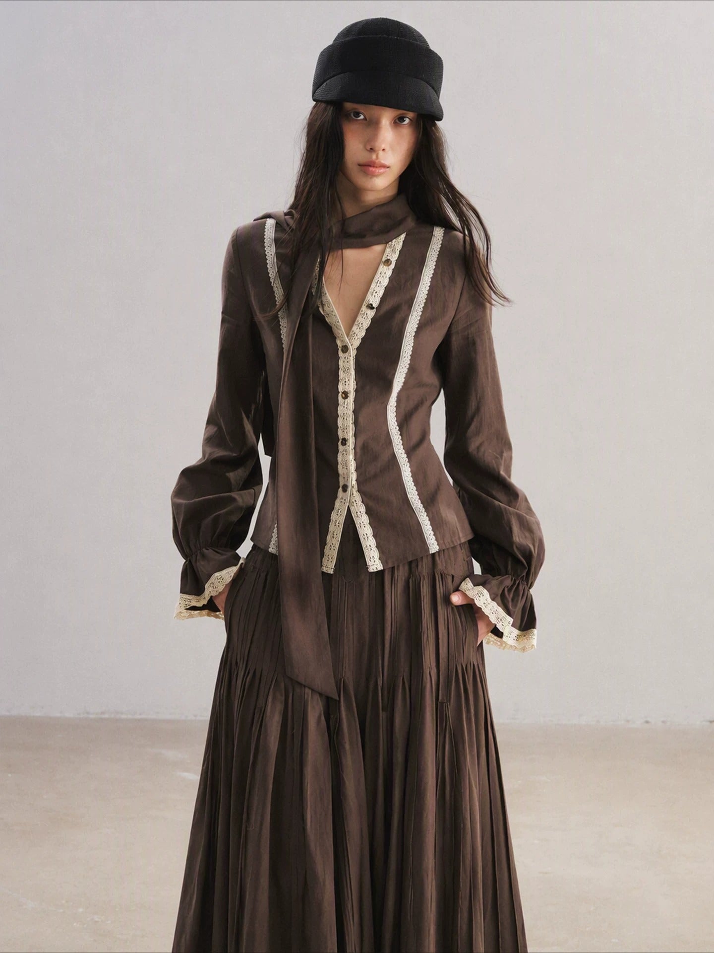 V-Neck Scarf Collar Blouse