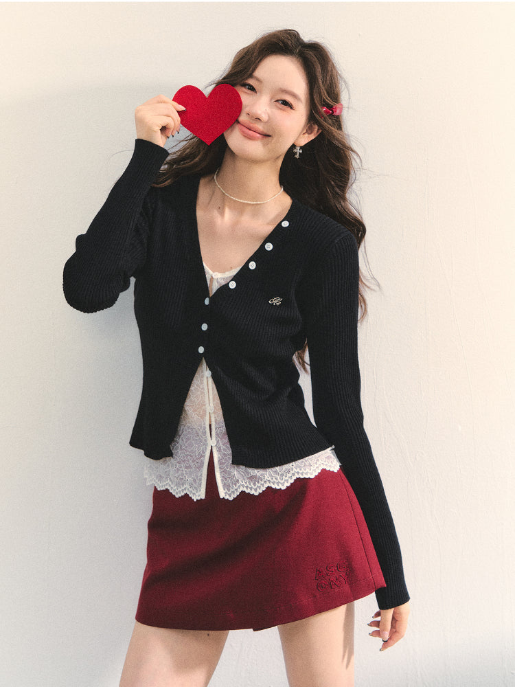 Lace Tie Fake Two-Piece Knitted Cardigan