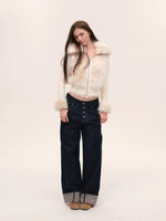 Indigo Button Front Wide-Leg Jeans