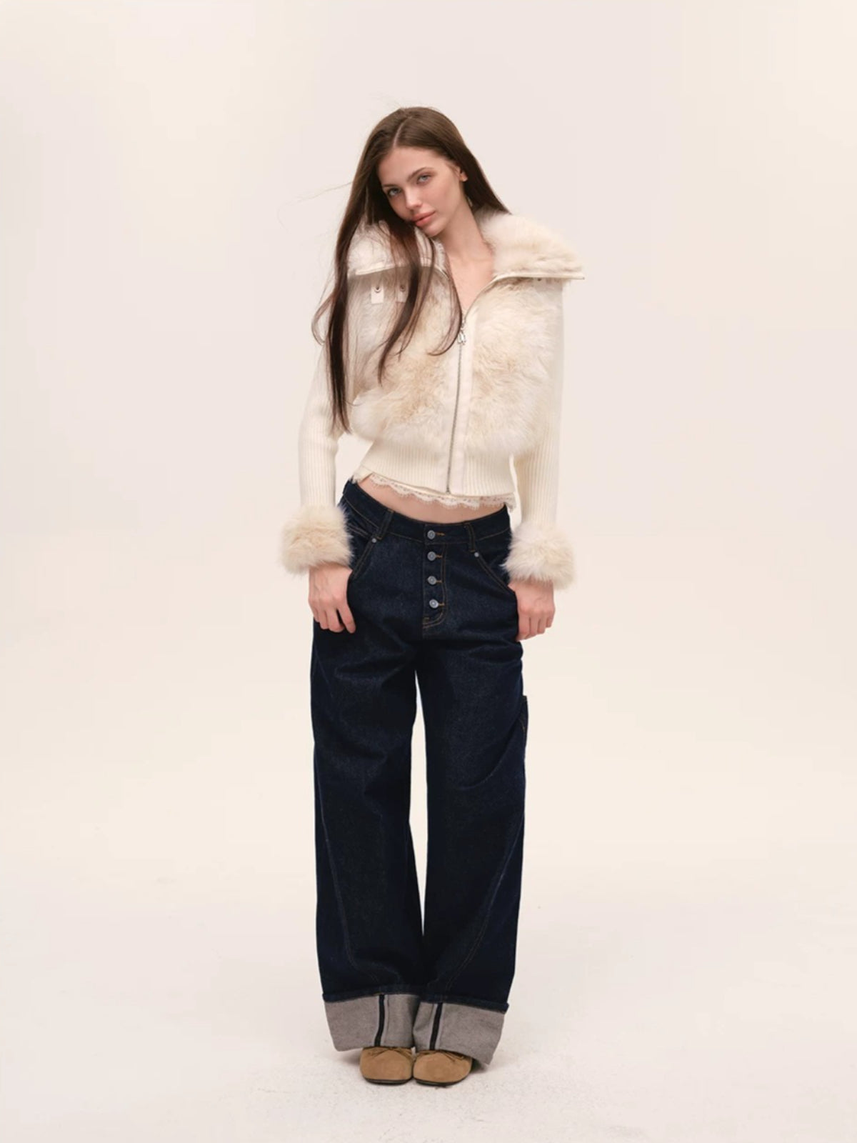 Indigo Button Front Wide-Leg Jeans