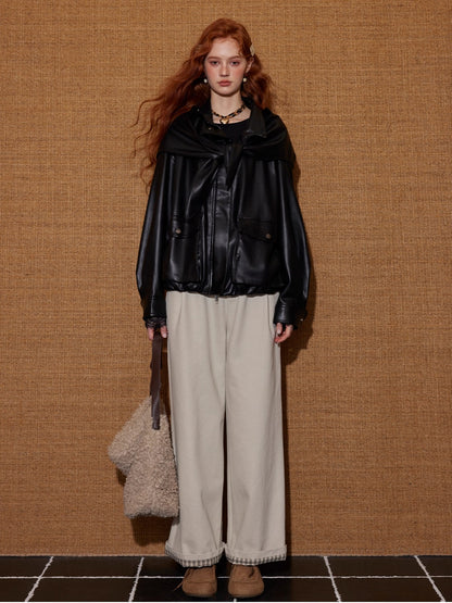 Detachable Bunny Hood Short Leather Jacket
