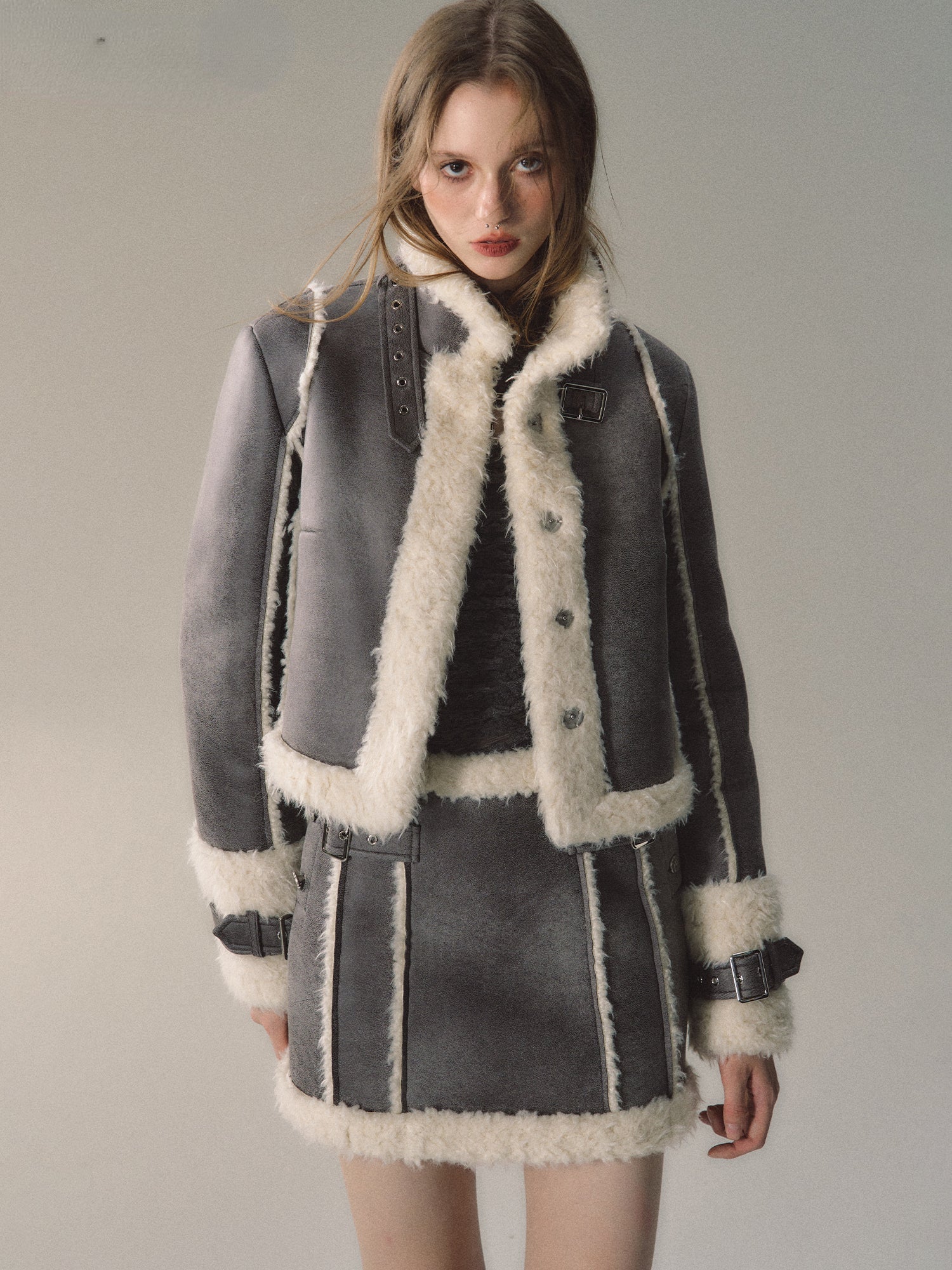 Grey Short Plush Shearling Jacket &amp; Skirt Set
