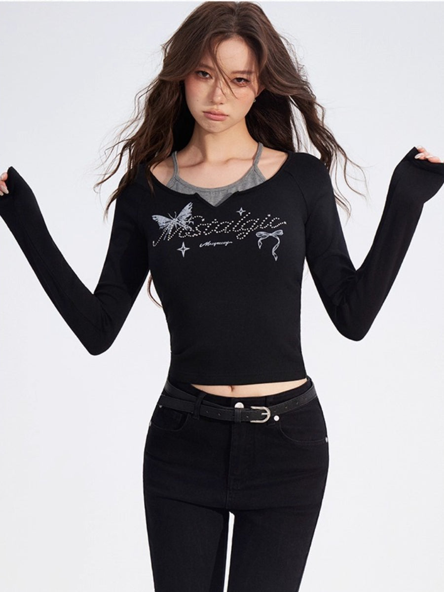 Butterfly Print Layered Long-Sleeve T-Shirt