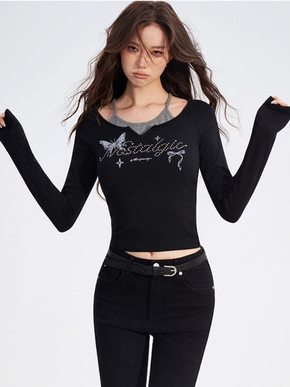 Butterfly Print Layered Long-Sleeve T-Shirt