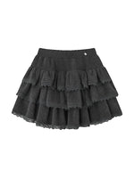 Lace-Panel Velvety Tiered Skirt