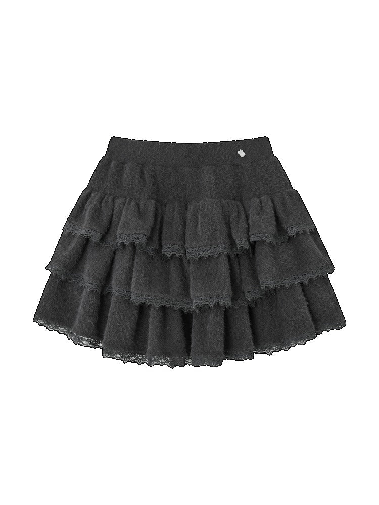 Lace-Panel Velvety Tiered Skirt