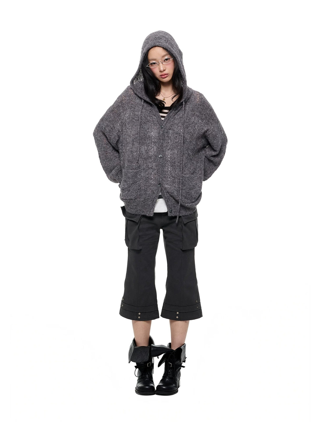 Hooded Mohair Blend Knit Cardigan