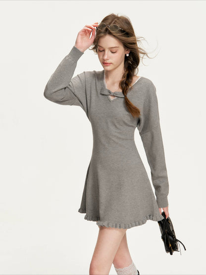 Gray Bowknot Knit Mini Dress