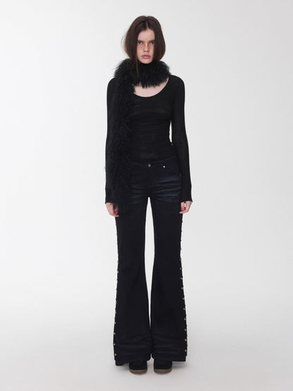 Studded Flared Denim Whisker Detailing Jeans