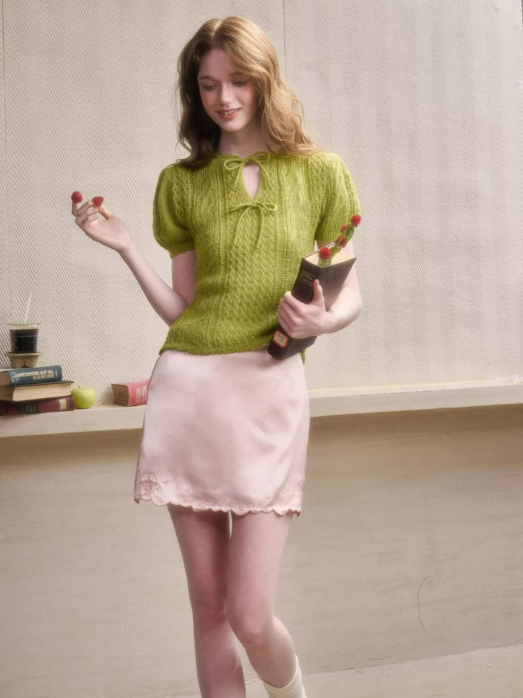 Mint Embroidered Satin A-Line Skirt
