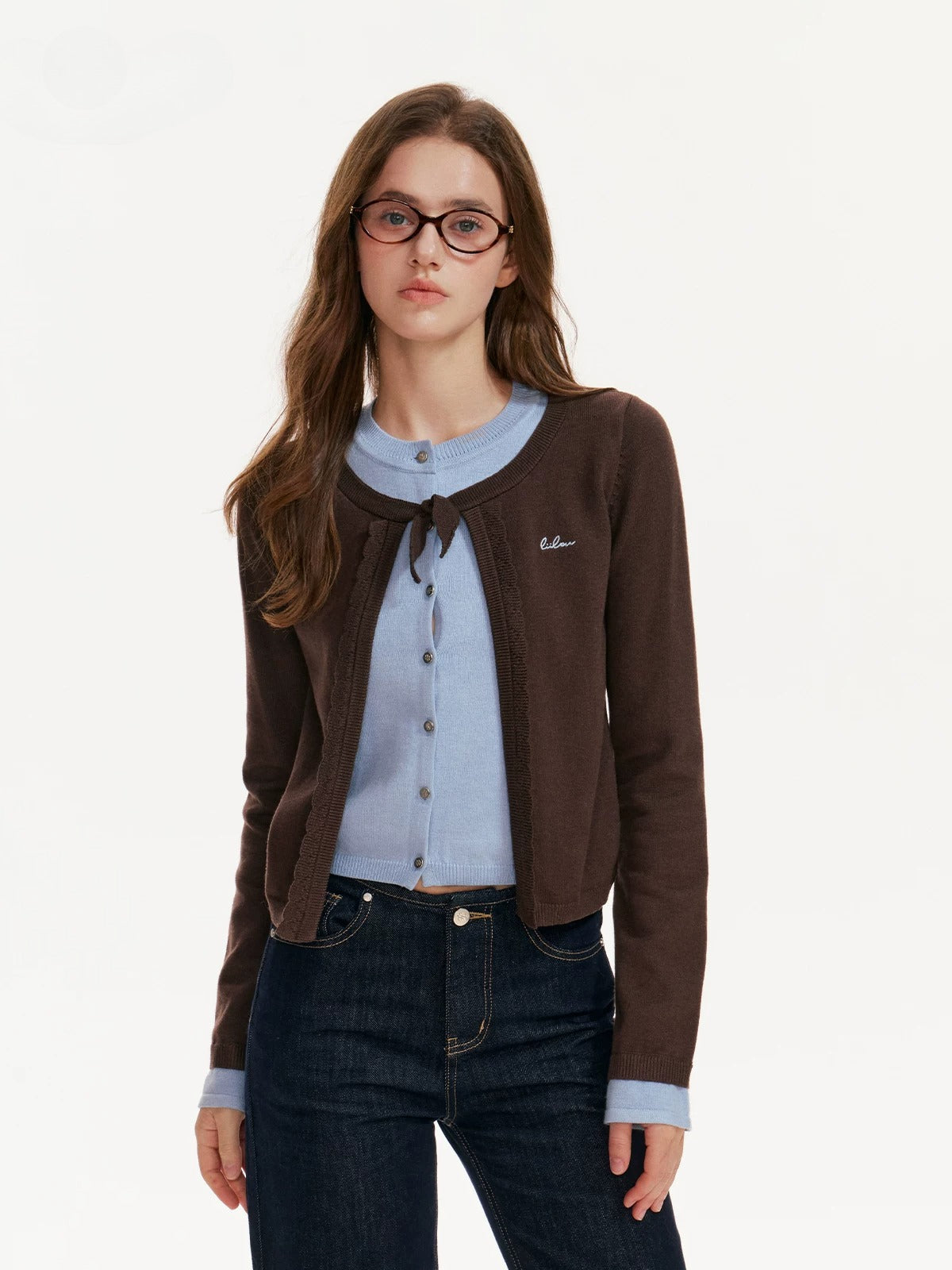 Contrast Layered Bow Knit Cardigan